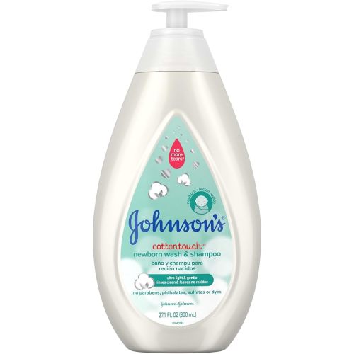 Johnson's CottonTouch Newborn Baby Wash & Shampoo with No More Tears, Sulfate-, Paraben- Free for Sensitive Skin, Made with Real Cotton, Gently Washes Away Dirt & Germs, 27.1 fl. oz