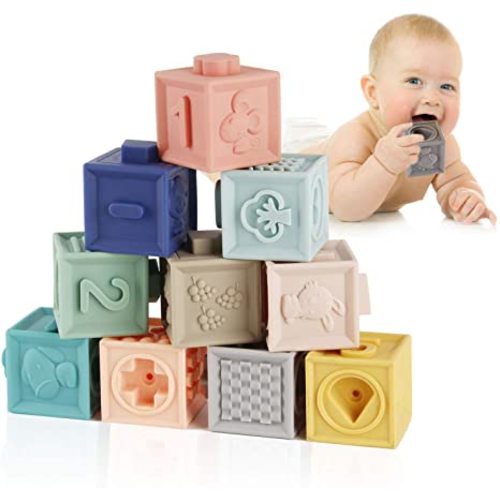 Mini Tudou Baby Blocks Soft Building Blocks Baby Toys Teethers Toy Educational Squeeze Play with Numbers Animals Shapes Textures 6 Months and Up 12PCS - baby blocks