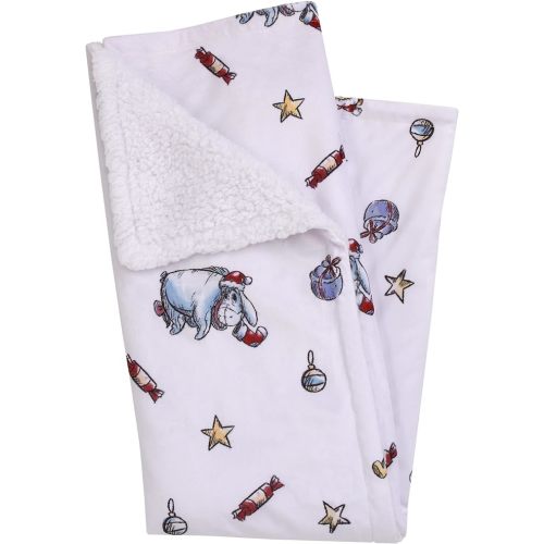 Disney Winnie The Pooh and Eeyore White Christmas Holiday Presents Super Soft Sherpa Baby Blanket