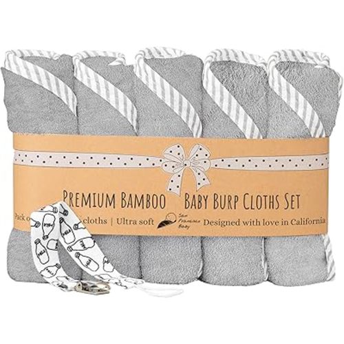 San Francisco Baby Burp Cloths for Boys & Girls, 5-Pack with Pacifier Clip - Bibs & Burping Cloths, Spit-Up Rags, Neutral Burp Rags - Gray