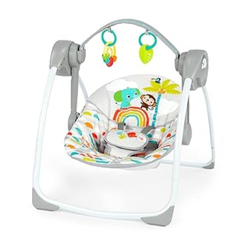 Bright Starts Portable Automatic 6-Speed Baby Swing with Adaptable Speed, Taggies, Music, Removable-Toy-Bar, 0-9 Months 6-20 lbs (Whimsical Wild)