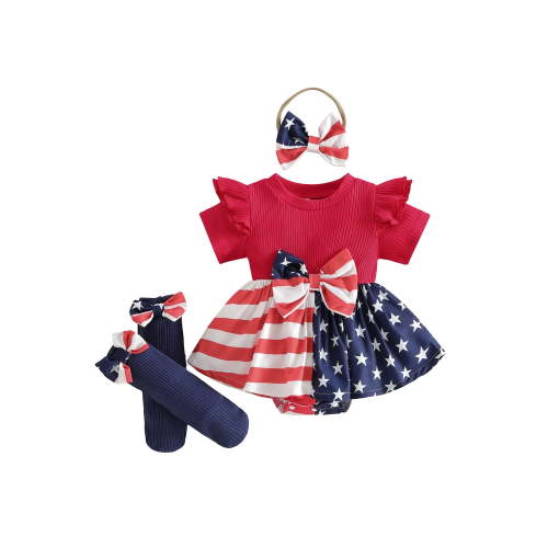 Loicainy Infant Baby Girls Independence Day Romper Dress 3 6 9 12 Months Flying Sleeve Star Stripe Print Bodysuit with Socks Headband