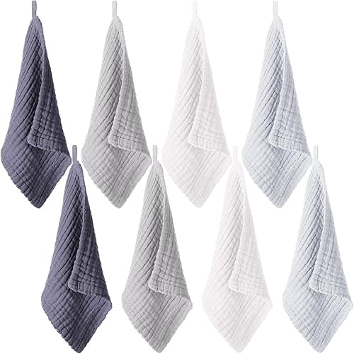 SmoothNovelty 8 Pcs Baby Washcloths for Newborn 12 x 12 Inch Muslin Face Towels Cotton Absorbent for Delicate Skin Soft Muslin Cloth Reusable Baby Registry as Shower Gift, 4 Colors (Classic Color)