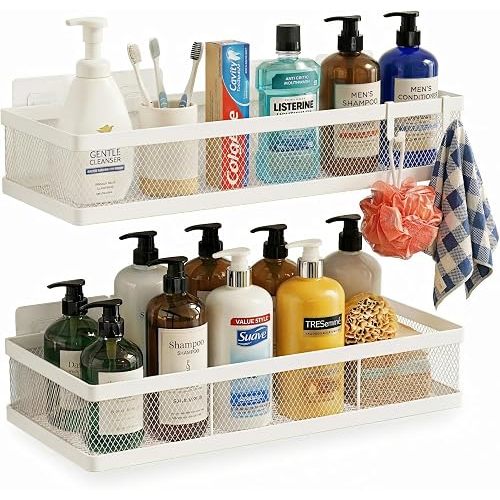 PUSDON Mesh Shower Caddy Wall Mount, Heavy Duty Adhesive Bathroom Shelf Organizer, Rustproof Floating Spice Rack for Kitchen Pantry, Holds 50 LBS, Multi-Purpose Storage White-2 Packs (Netting)
