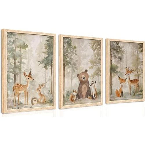 ICHZUMW Woodland Nursery Decor, Forest Animal Nursery Wall Art, Set of 3 Framed Ready to Hang Bear Fox Deer Watercolor Canvas Prints, Fade Resistant Pictures for Baby Toddler Kids Room, 12x16 Inches