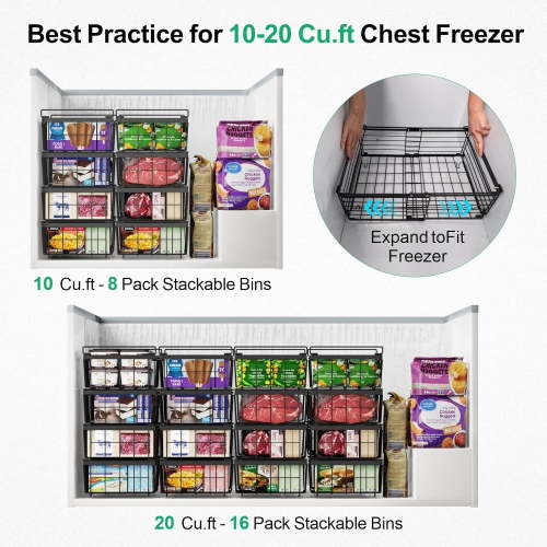 Freezer Organizer Bins - Fit 10 to 20 Cu.FT Chest Freezer, 4 Pack Expandable Stackable Large Deep Freezer Organizer Bins Sort Food, Easily Get Food from Bottom Better Ventilation, Black
