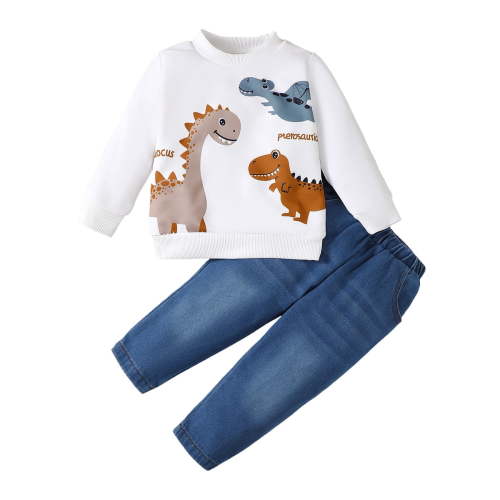 Infant Baby Boys Clothes 9 Months Boys Outfits 12 Months Boys Long Sleeve Dinosaur Print Top Jeans Pants 2PCS Boys Fall Winter Clothing Set White