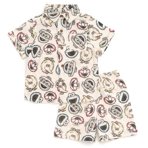 Sesame Street Elmo Cookie Monster Big Bird Cotton Gauze Matching Family Button Down Shirt and Shorts Outfit Set Infant to Little Kid