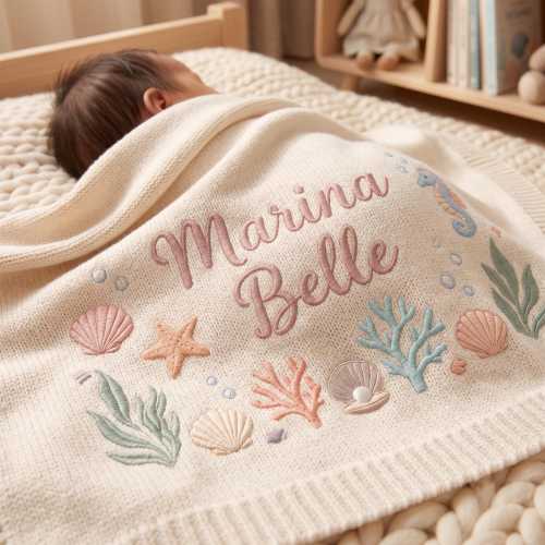 Personalized Embroidered Baby Blanket, Custom Newborn Name Blanket, Ocean Nursery Gift, Baby Shower Keepsake, Seashell Blanket