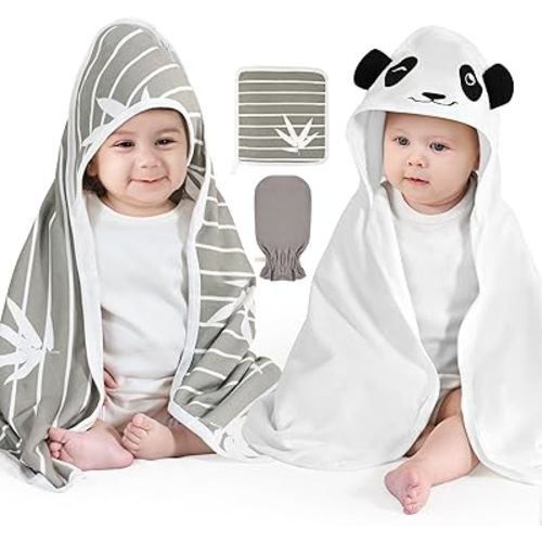 Hooded Baby Bath Towels Set of 2-4 Piece Bamboo Bath Essential Must Haves Newborn Stuff, Shower Registry Gifts for Infant, Toddler (28 X 28 Inch, Panda)