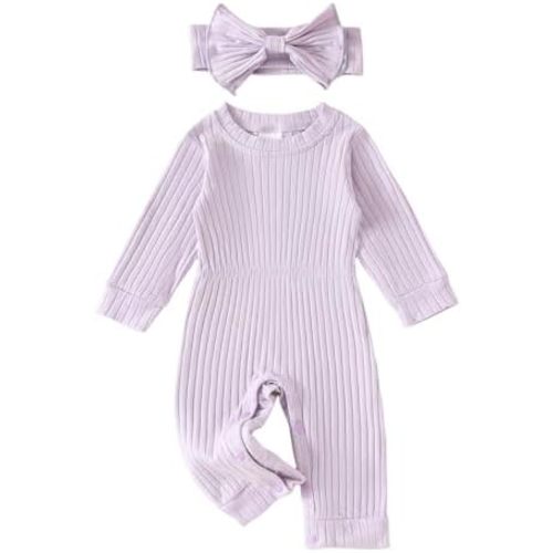 Winioder Newborn Baby Girl Fall Clothes Ribbed Long Sleeve Romper Jumpsuit with Headband Infant 2Pcs Coming Home Outfit