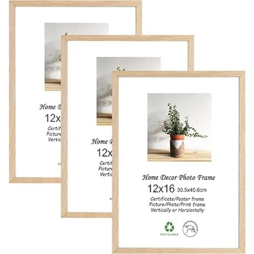 LYYYXGYP 12x16 Oak Wood Picture Frame 3 Pack Wooden Photo Frame Natural Solid Wood Color Frame Gallery Poster Frame with Plexiglass for Wall Hanging
