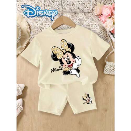 Disney 2pcs Baby Girls Mickey Mouse Minnie Letter Print Summer Short Sleeve T-Shirt And Shorts Set, Cute Outfit For Kids, Casual Vacation, Solid Color Elastic Waist Shorts, Outdoor Wear | SHEIN USA