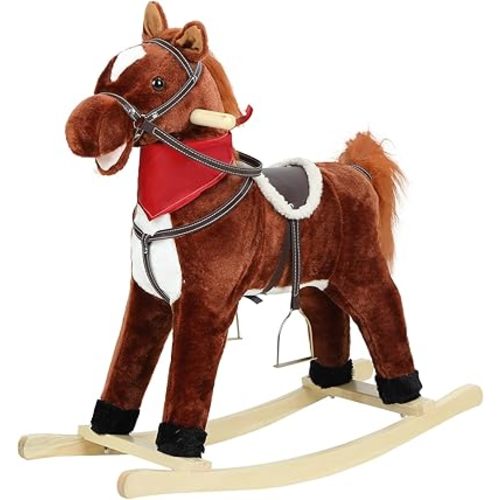 Rocking Horse Plush Animal on Wooden Rockers, Ride-On Rocking Horse Chair with Musical Sounds, Moving Mouth and Wagging Tail, 110 Lbs Weight Capacity (Dark Brown-Small)