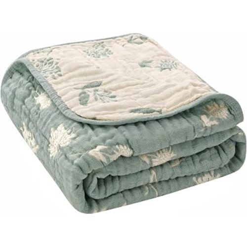 Muslin Baby Blanket, Organic Cotton Blend Jacquard (Sage Botanical)