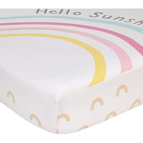 NoJo Happy Days Pink, Yellow, Blue and White, Rainbows and Hello Sunshine 100% Cotton Photo Op Nursery Fitted Crib Sheet
