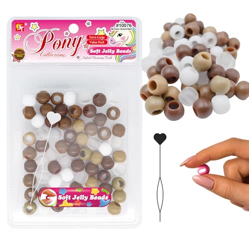 Beauty Town Soft Round Jelly Beads - 14mm XL Size with 7mm Hole + 1 Beader - Soft Elastic Hair Beads for Braids, Jewelry, Keychains