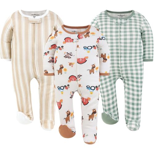 The Peanutshell 3 Pack Footed Sleepers - Newborn Baby Boy Clothes, Cotton Footie Pajamas, Baby Boy Gifts - Cozy Farm