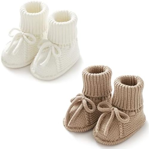 Baby Booties Newborn Soft First Walking Shoes Hand Crochet Knit Booties for Toddler Infant Boy Girl 2 Pairs
