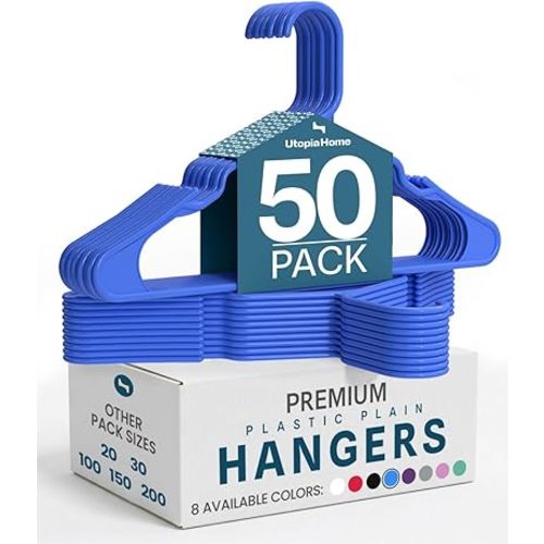 Utopia Home Plastic Hangers 50 Pack - Perfect Space Saving Clothes Hanger - Durable and Strong - Perfect Closet Organizers with Shoulder Grooves (Blue)