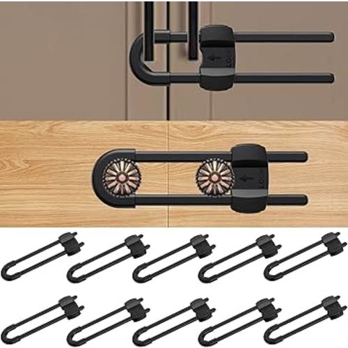 (10 pack black) 4 button Cabinet Locks, U-Shaped Proofing Drawers Safety Child Locks Adjustable, for Wardrobe,Kitchen,Bathroom,Drawer,Fridge,Cupboard Doors Knobs & Handles