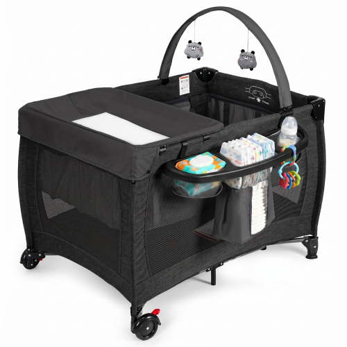 SACVON Baby Playard with Detachable Infant Bassinet and Changing Table, Foldable Travel Play Yard with Storage Basket and Wheels,Black