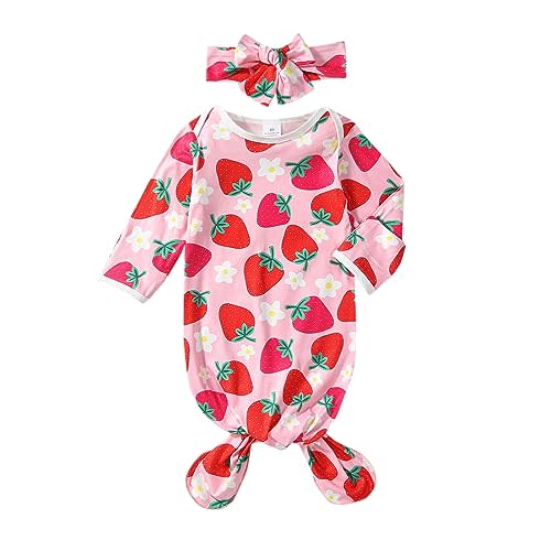 ttmmxamia Baby Sleep Gown 0-3 Month, Two-piece Soft Newborn Sleep Gown, Cow Strawberry Flower Nightgown with Headband