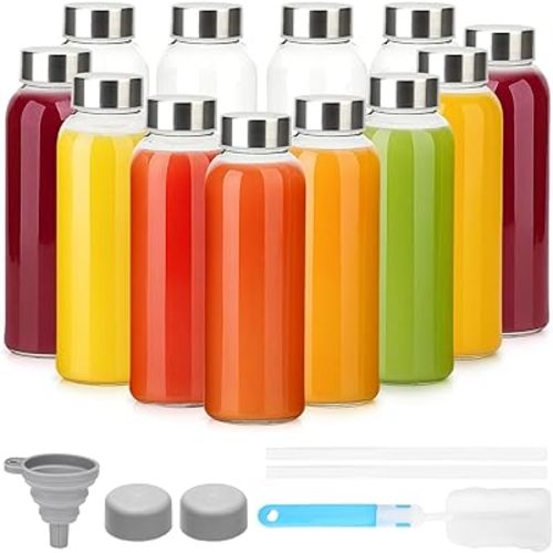 Glass Juice Bottles with Lids 10 oz, 12 Pack Reusable Small Glass Bottles with Stainless Steel Caps & Straws, BPA-Free Leak proof Juice Bottle Containers for Juicing, Milk, Smoothies & Fridge