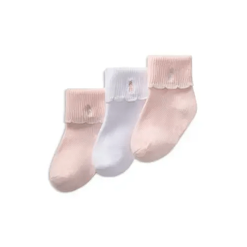 Girls' Scalloped Edge Turn Cuff Socks, Pack of 3 - Baby - 0-6M