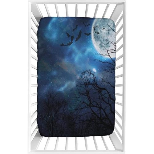 Decorative Crib Sheet,Halloween Fitted Microfiber Baby & Toddler Crib Sheets,28"x52"x9",Bats Flying in Night Moon Nebula Leafless Trees Print Crib Sheet Set, for Standard Crib and Toddler Mattresses