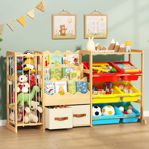 Kids Toy Storage Organizer with Bookshelf and Stuffed Animal Storage | Solid pine frame with 3 large and 3 small colour bins, 2 fabric drawers, 3-tier book display, top shelf and elastic-cord