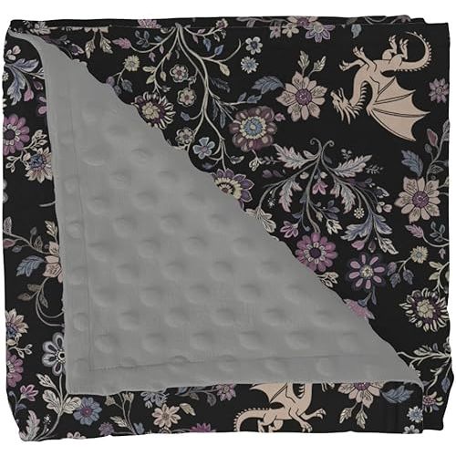 Fantasy Floral Dragons Baby Blankets for Girl Boy Fairytale Dragon Gothic Black Purple Flowers Soft Mink with Dotted Backing Double Layer Swaddle Blanket Animal Bed Throws for Infant Toddler 30x40