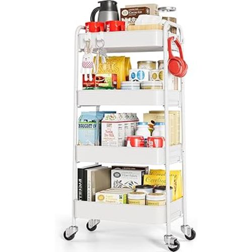 TOOLF 4-Tier Metal Rolling Cart with Wheels, Storage Utility Organizer Cart for Kitchen, Bathroom, Office, Baby Essentials & Makeup - Lockable Casters, Easy Assembly, Large Capacity, White