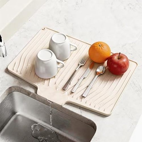 Silicone Dish Drying Mat, Non-Slip Dish Drying Pad for Kitchen Counter, Heat-Resistant Dish Drainer Mat with Water Outlet & Hanging Hole, Countertop Protection (White, 13.8*18.9 in)