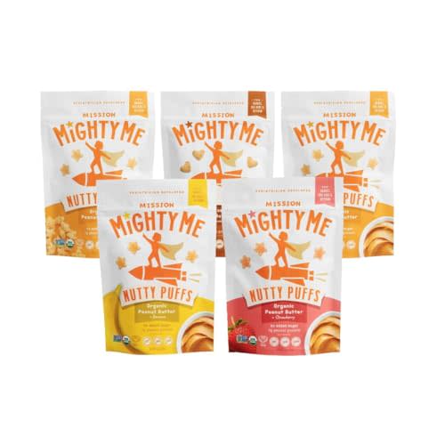 Mission Mighty Me Nutty Puffs All-Flavor Variety Pack - Organic Peanut Butter and Mixed Nut Butter Puffs for Babies + Kids - Pediatrician Developed - USDA Organic, Plant-Based Protein, Gluten-Free Snack (1.5oz, 5-Pack)