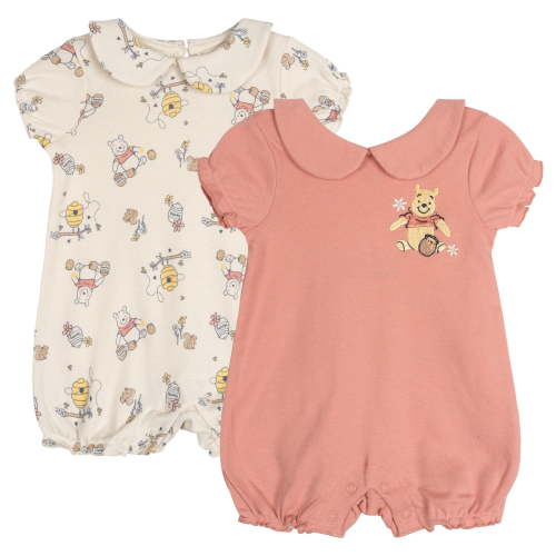 Disney Winnie the Pooh Baby Girls' 2-Pack Short Sleeve and Sleeveless Bubble Romper Set Ivory and Coral Winnie the Pooh