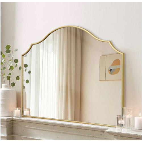 Besdomus Gold Scalloped Mirror for Dresser: 35"x26" Modern Wooden Mantel Mirror - Minimalist Decorative Wall Mirrors for Vanity/Bedroom/Fireplace/Entryway - Ideal for 20-44 Age Fashion Women