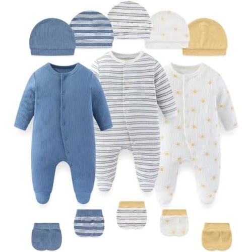 Fashion Baby Boy Girl Clothing Set Cotton Soft 3-Piece Long Sleeve Button Rompers 5-Pack Hats&Gloves Infant Clothes