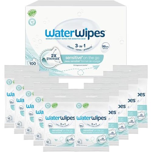 WaterWipes Sensitive+ On The Go Wipes, 3-In-1 Cleans, Cares, Protects, 99.9% Water, Unscented & Hypoallergenic Wet Wipes, 100 Count (10 Packs)
