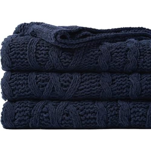 Battilo Navy BlueThrow Blanket for Couch, 51"x67", Textured Knit Blanket
