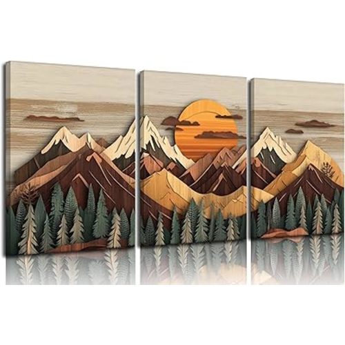 KADEYEE 3pcs Boho Mountain Wall Art Sunrise Pine Tree Forest Nature Scenry Abstract Mountain Wall Art Living Room Bedroom Wall Decor,Wood Texture Canvas Print Pictures Framed Ready To Hang 12x16 Inch