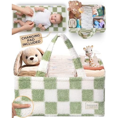 Toodly Checkered Diaper Caddy Organizer with Portable Changing Mat - Teddy Fleece Diaper Organizer for Changing Table - Caddy Organizer with Removable Dividers - Green and White