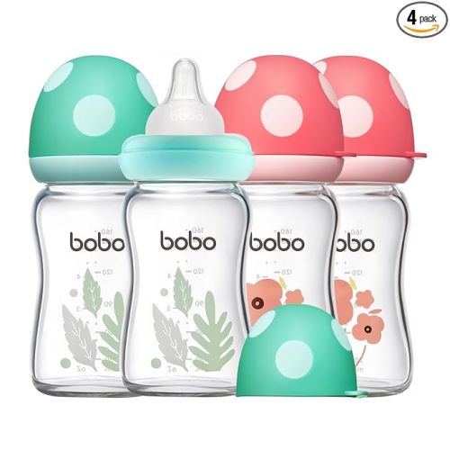 YOHKOH Natural Glass Baby Bottle with Level 1 Slow Flow Nipple, Newborn Anti-Colic Baby Bottles, Wide Neck Mushroom Baby Glass Bottle ((5.4oz (Pack of 4), Multicolour)