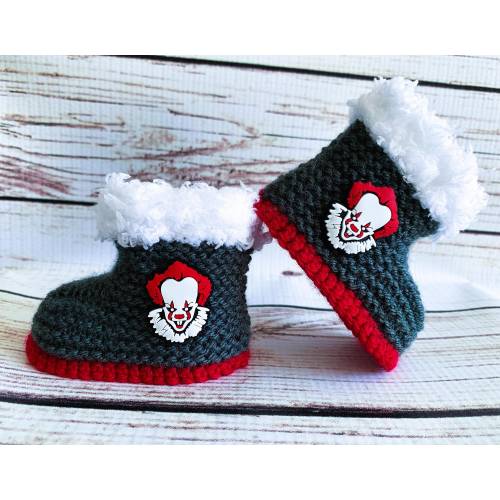 Hand Knitted Goth Baby Booties Boots Shoes Clothes Slippers Killer Clown Horror Halloween Movie Alternative skull Gothic Punk Spooky 0- 12M