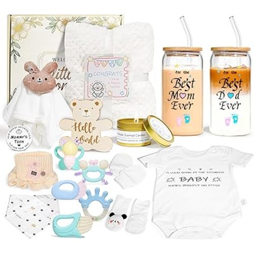 New Mom Gifts for Women, 17pcs Gender Reveal Gifts for New Parent, Baby Shower Gifts for Expecting Mom to Be, Postpartum Essentials After Baby Basket, Baby Swaddle Blanket Rattle Gift Set