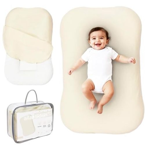 Aila + Aiden Baby Lounger | Organic Cotton Infant Lounger | Adjustable & Portable Floor Lounger |Supervised Use | Soft, Breathable, Washable Cover - Snuggle Collection - (Cream)