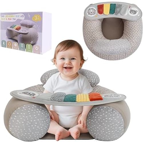Upgraded Blublu Park Wider U-Shape Inflatable Sit Me Up Floor Seat for Baby 3-36 Months with Cover, Portable Baby Chair with Activity Sensory Tray for Sitting Up, Infant Floor Seats & Loungers, Piano