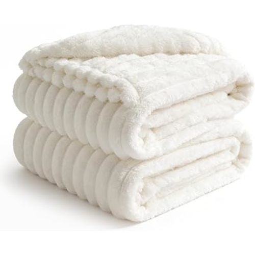 BEDELITE Blankets Queen Size for Bed, 300GSM Soft & Warm Fleece Blanket, Decorative and Giftable Striped Cream White Blankets for Women, Men, 90"x90"