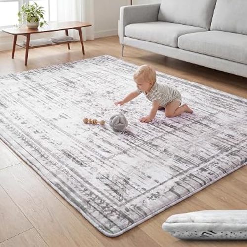 Huloo Sleep Baby Play Mat for Floor - 79x158 Inches 1.3" Thick Elasti-Foam Playpen Mat for Toddlers Infant kids, Water-Repellent Nursery Rug, Non-Slip Backing for Crawling Tummy Time, Light Taupe Gray