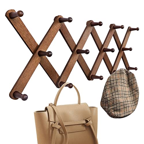 OROPY Wood Accordion Wall Hanger, Expandable Coat Rack Wall Mount with 14 Pegs, Expanding Hat Rack for Wall, X Shape, 27"10", Walnut Color